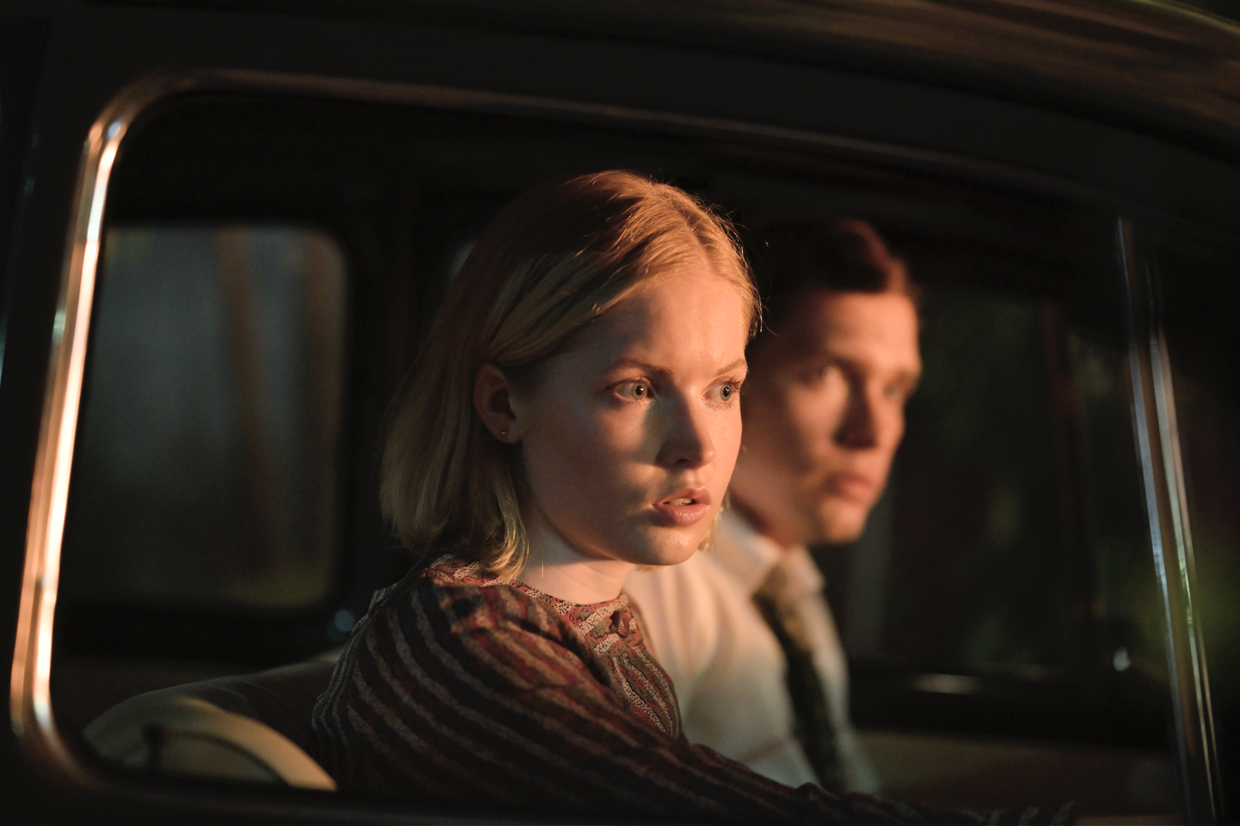 Jenna Coleman as Marie-Andrée LeclercEllie Bamber as Angela Knippenberg and Billy Howle as Herman Knippenberg in The Serpent on Netflix